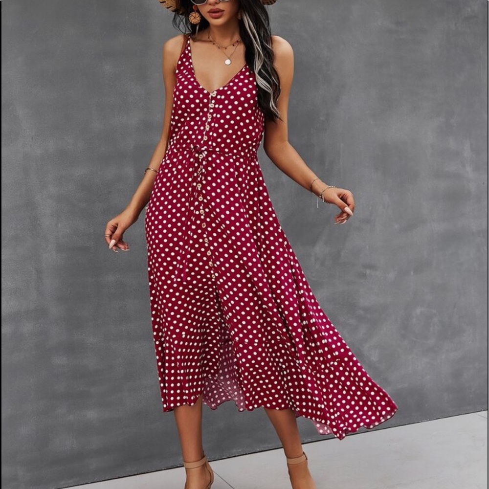 Boho Button Up V Neck Tie Polka Dot Dress BURGUNDY - Picture 4 of 10